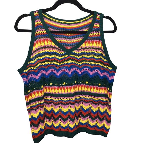 Rainbowcore Multicolor Crochet Pullover Knit Grannycore V-neck Vest Women's M - Picture 1 of 9